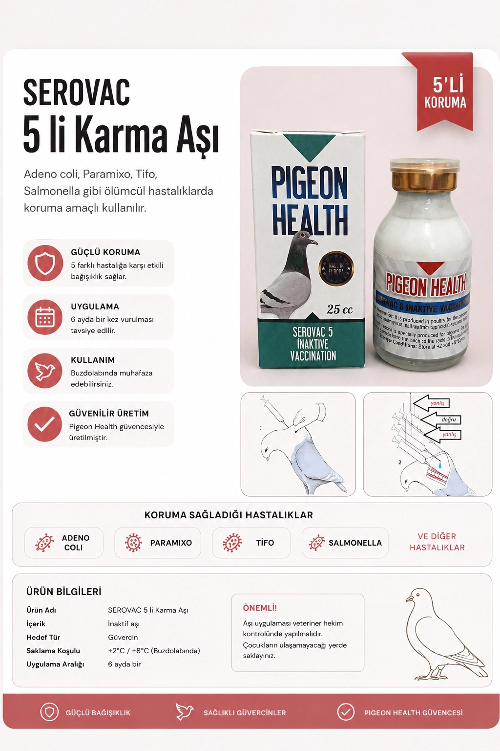 Pigeon health serovac 5 li karma 75 doz aşı